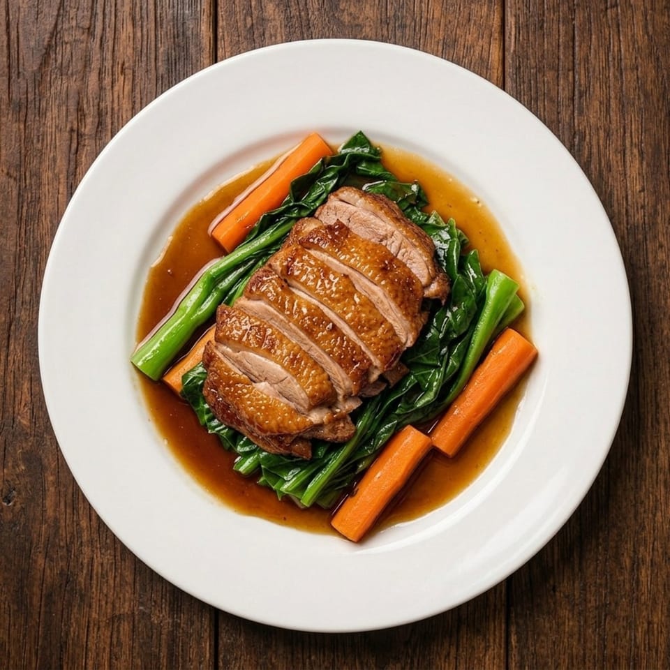 Sliced roasted duck breast with green vegetables and carrots in a rich sauce on a white plate.