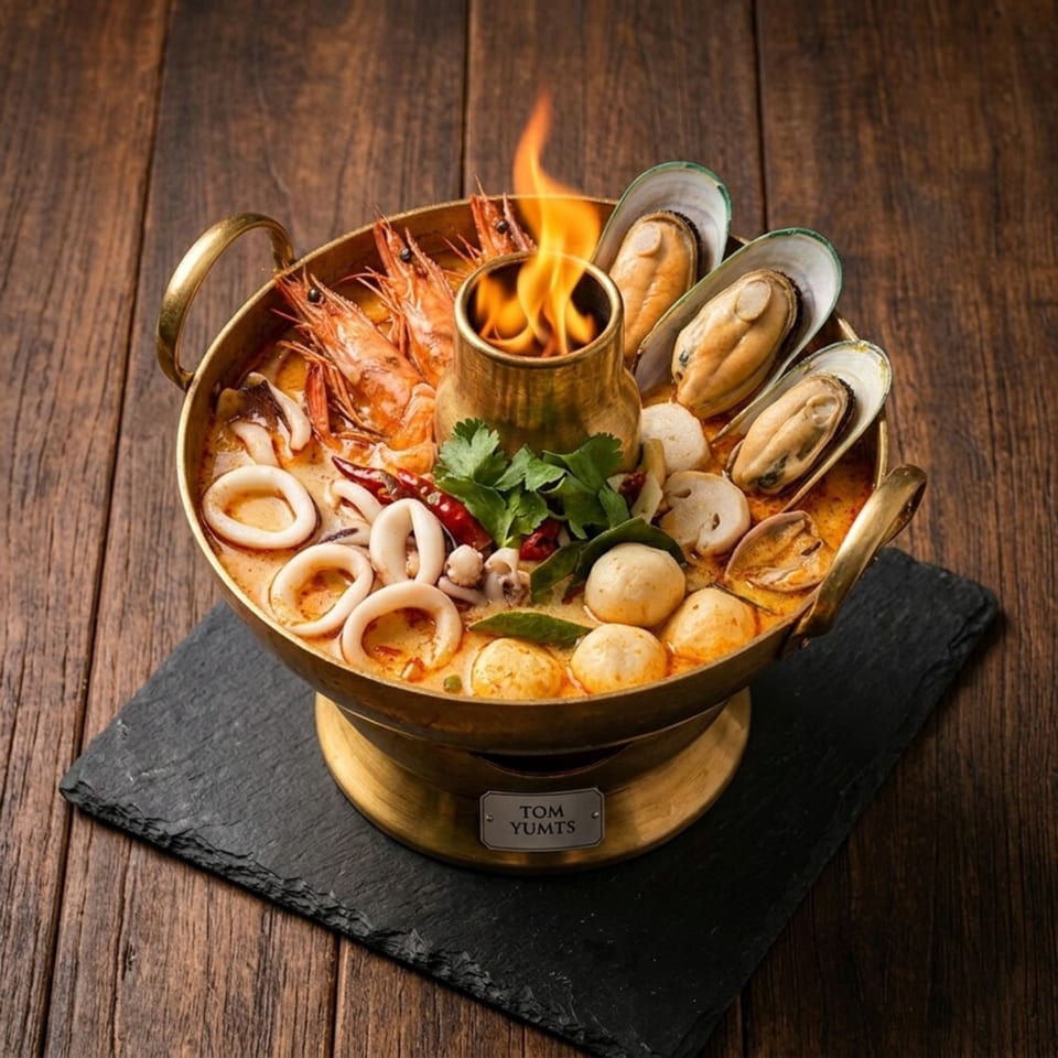Tom Yumts hot pot with prawns, mussels, squid, and fish balls, on a wooden table.