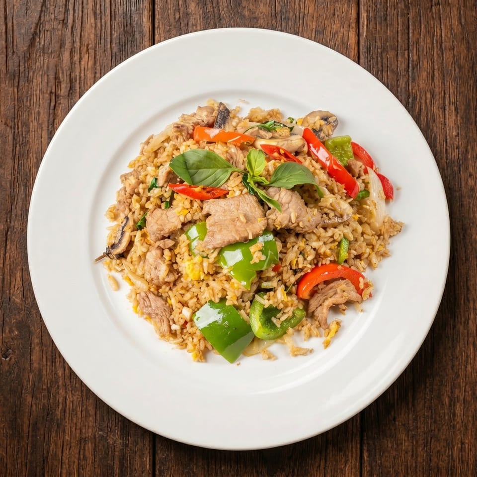 Spicy Thai basil fried rice with pork, red and green bell peppers, mushrooms, and basil leaves.