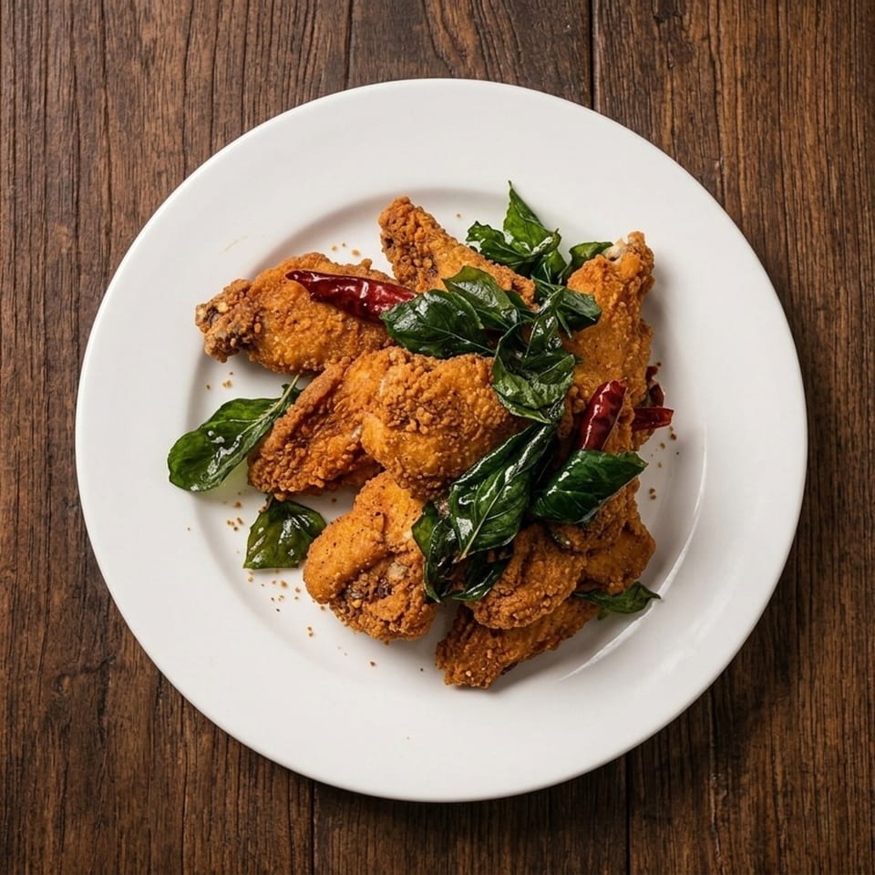 Crispy fried chicken wings with green herbs and red chili peppers on a white plate.