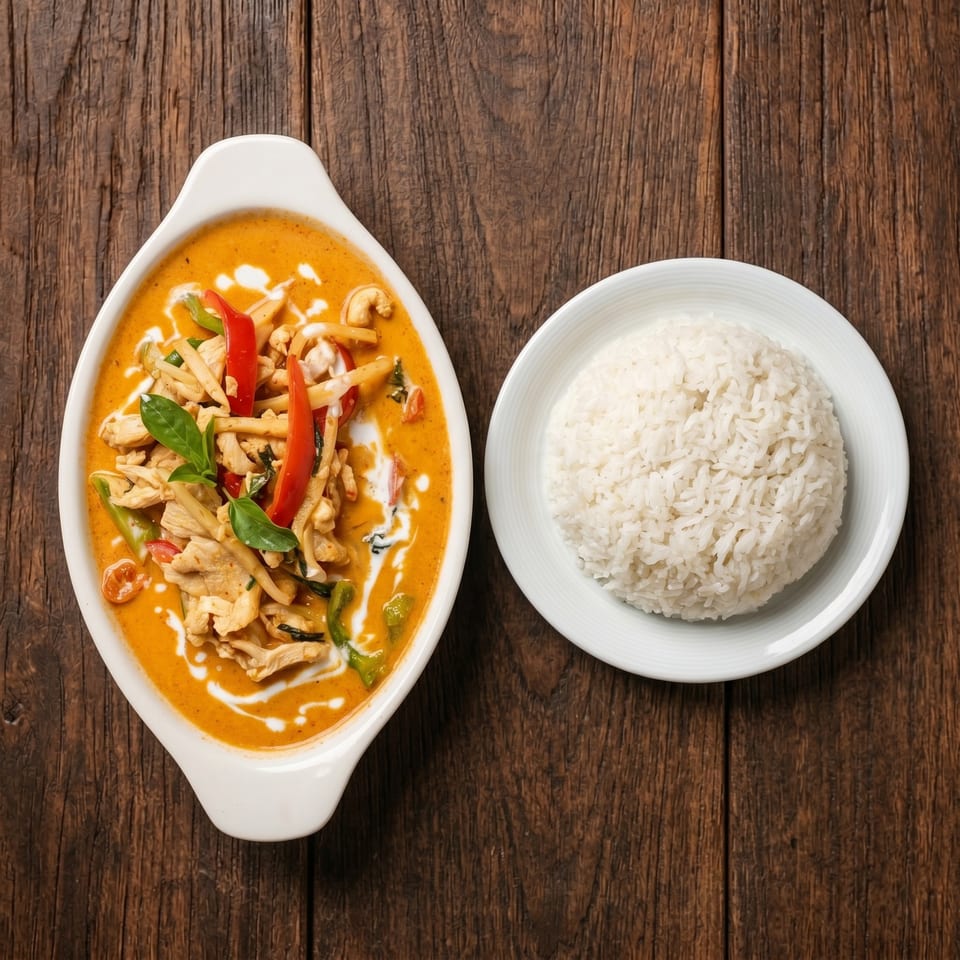 Red curry with chicken, bamboo shoots, and basil, served with a side of white rice.