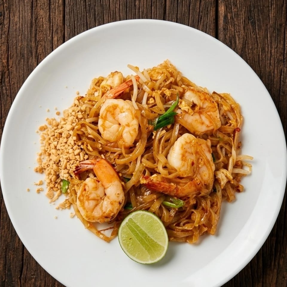 Shrimp Pad Thai with crushed peanuts and a lime wedge on a white plate.