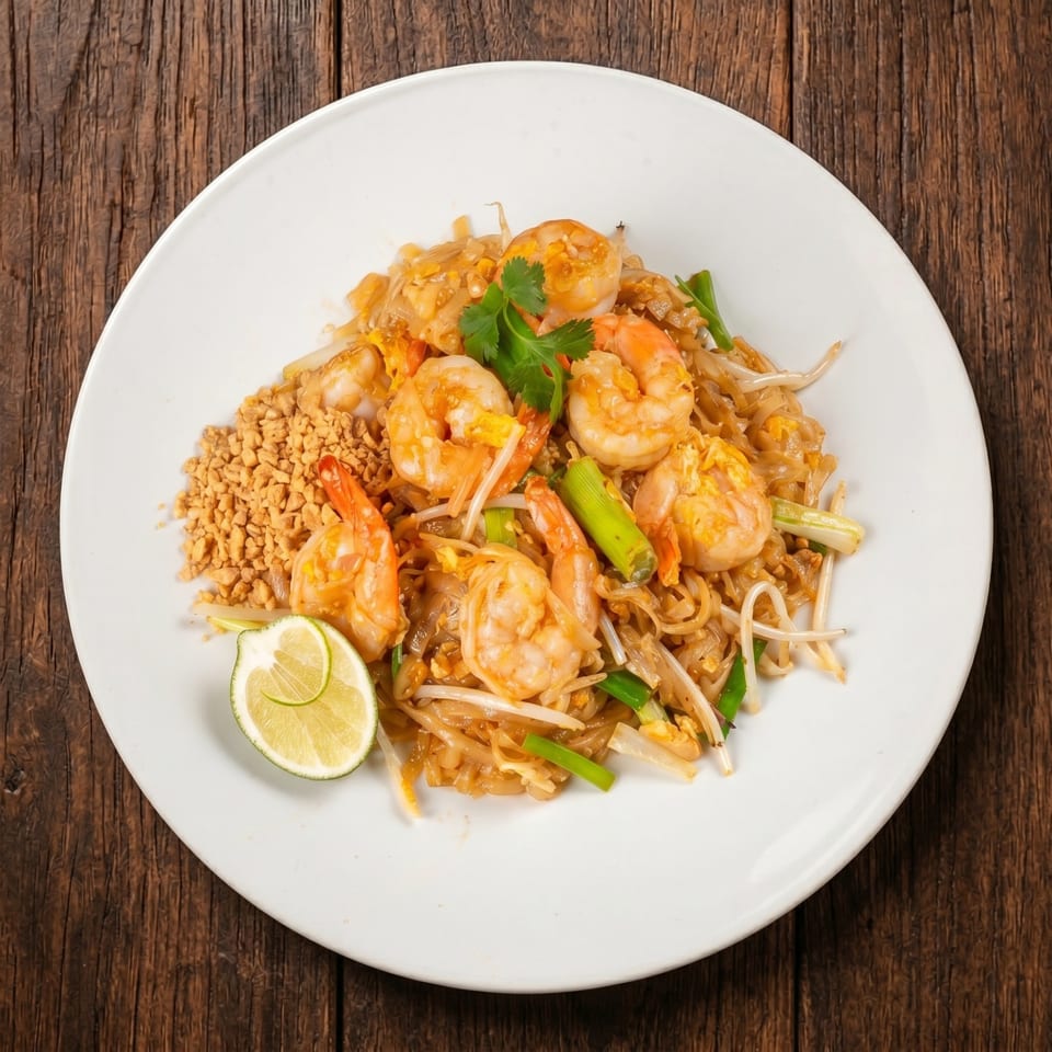Pad Thai with shrimp, peanuts, lime, and cilantro on a white plate over a wooden table.