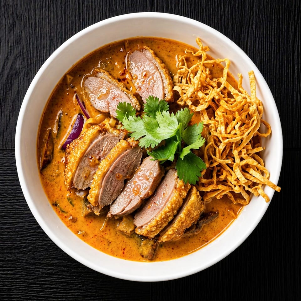 A white bowl of Thai Khao Soi with sliced duck, crispy noodles, and cilantro.