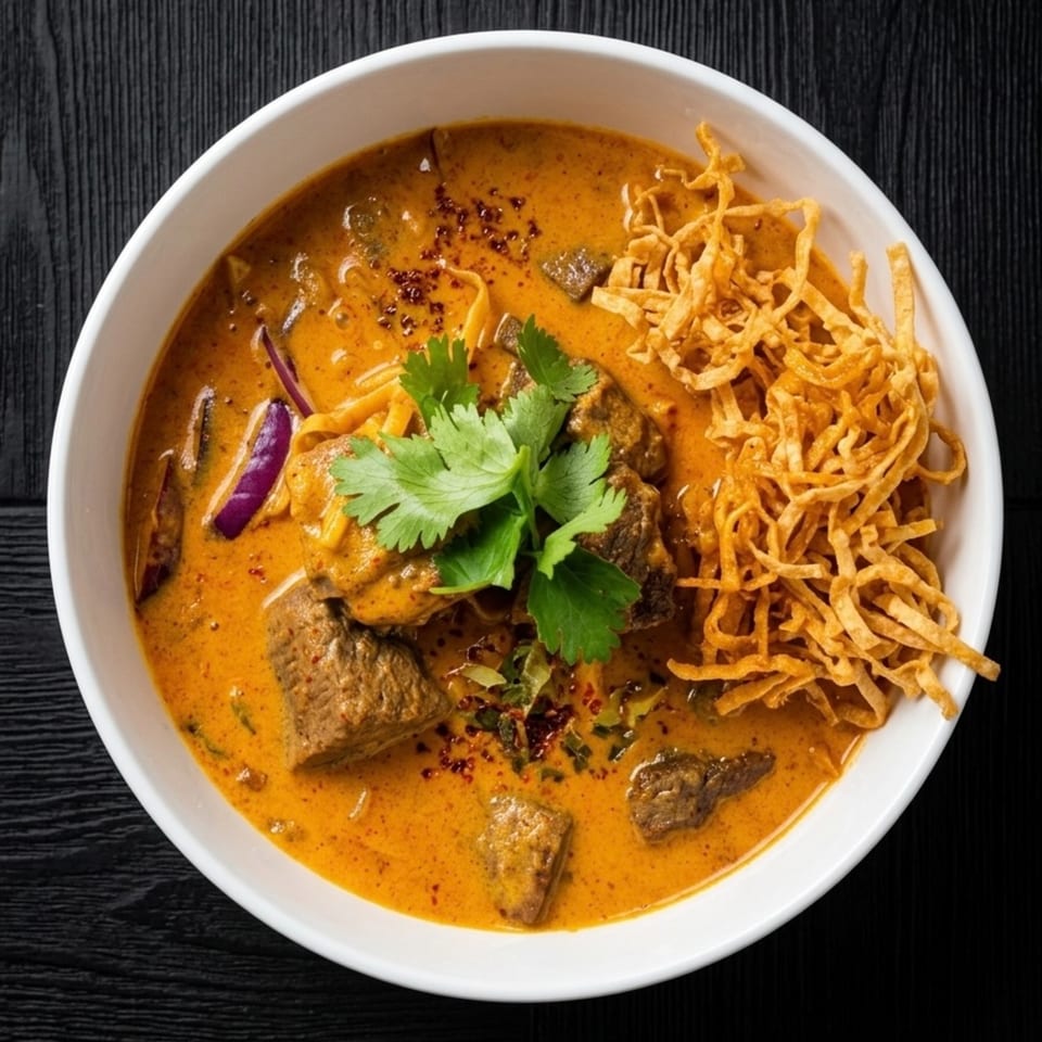 A bowl of Khao Soi with beef, red onions, cilantro, and crispy noodles on a dark wooden table.